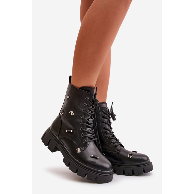 Damen-Arbeiterstiefel mit Verzierungen, Öko-Leder, schwarzes Cadenilla 1