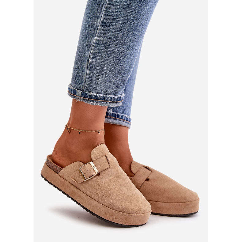 Damen-Clogs auf Plateausohle mit goldener Schnalle, dunkelbeige, Terilaina 1
