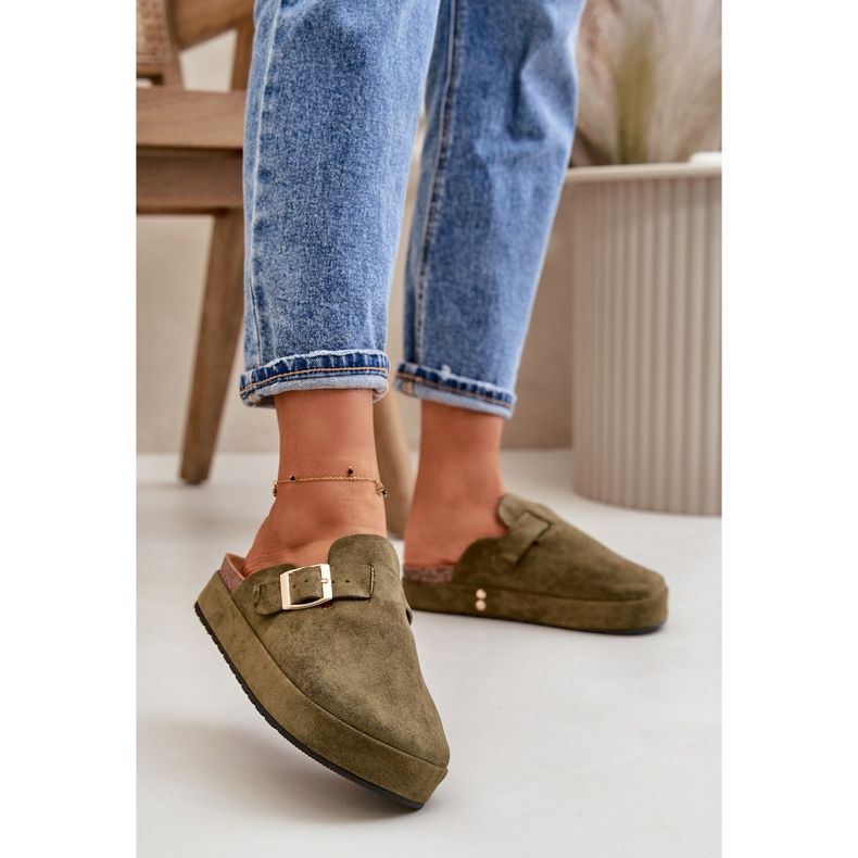 Damen-Plateau-Clog-Flip-Flops mit goldener Schnalle, dunkelgrüne Terilaina 2