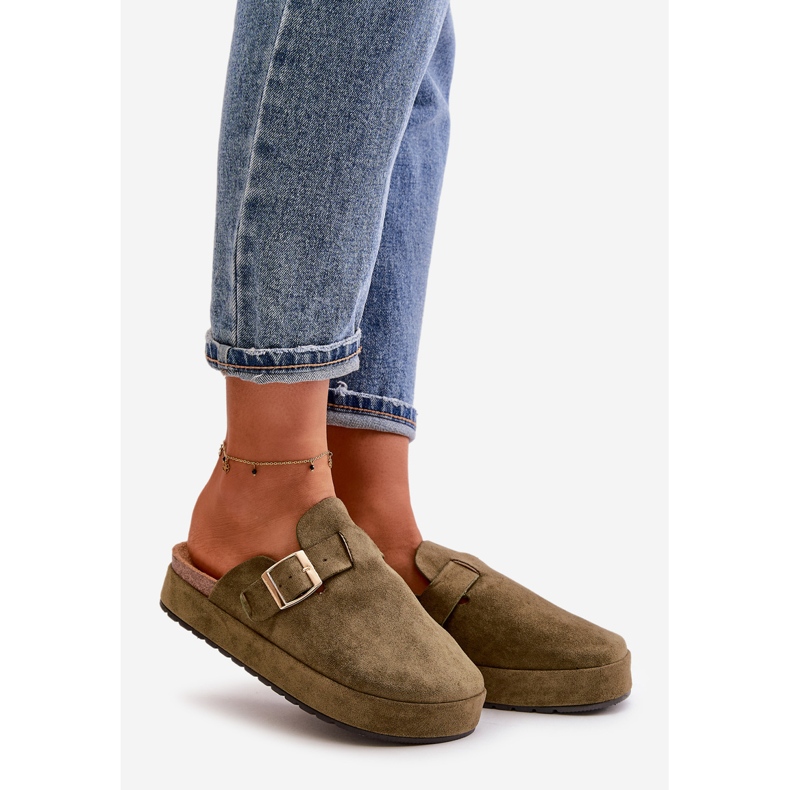 Damen-Plateau-Clog-Flip-Flops mit goldener Schnalle, dunkelgrüne Terilaina 1