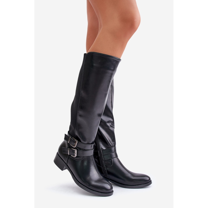 Flache Overknee-Stiefel für Damen mit Schnallen, Black Lotina schwarz 1