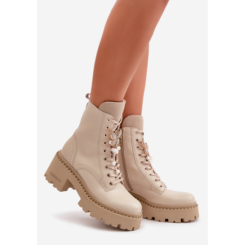 Damen-Arbeiterstiefeletten aus Leder mit Schmetterling, Beige CheBello 4590 1