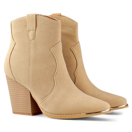 Beigefarbene klassische Damen-Cowboystiefel aus Wildleder mit hohem Absatz 1