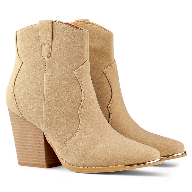 Beigefarbene klassische Damen-Cowboystiefel aus Wildleder mit hohem Absatz 1