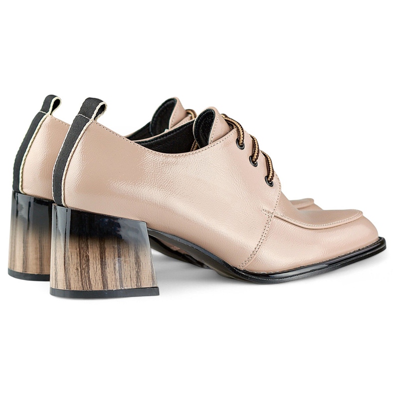 Lackierte beige Stiefeletten mit rotem Absatz, elegante Damenschuhe 1