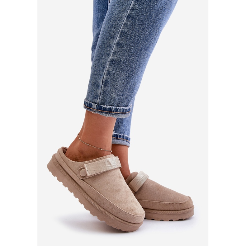 Beige Damen-Flip-Flops mit Fellfutter auf der Plattform Azida 1