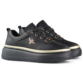 Schwarze Damen-Sneaker aus Leder mit goldenen Accessoires 1