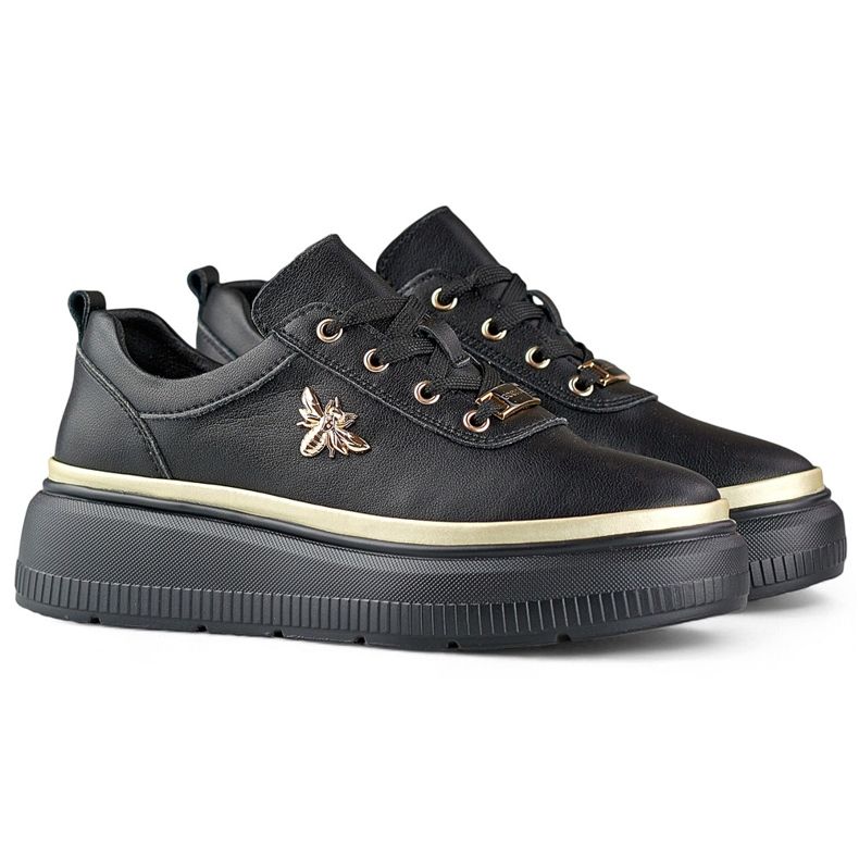 Schwarze Damen-Sneaker aus Leder mit goldenen Accessoires 1