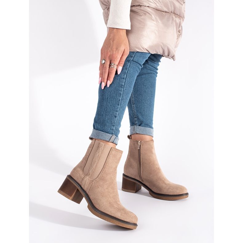 Seastar Beigefarbene Chelsea-Stiefel aus Wildleder mit hohem Absatz 1