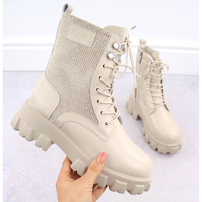 Damen-Lederstiefeletten mit Strasssteinen, beige Goe OO2N4108 1