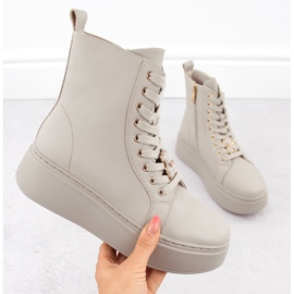 Beigefarbene Lederstiefeletten auf Plateausohle mit Teddybär Vinceza 66701 1