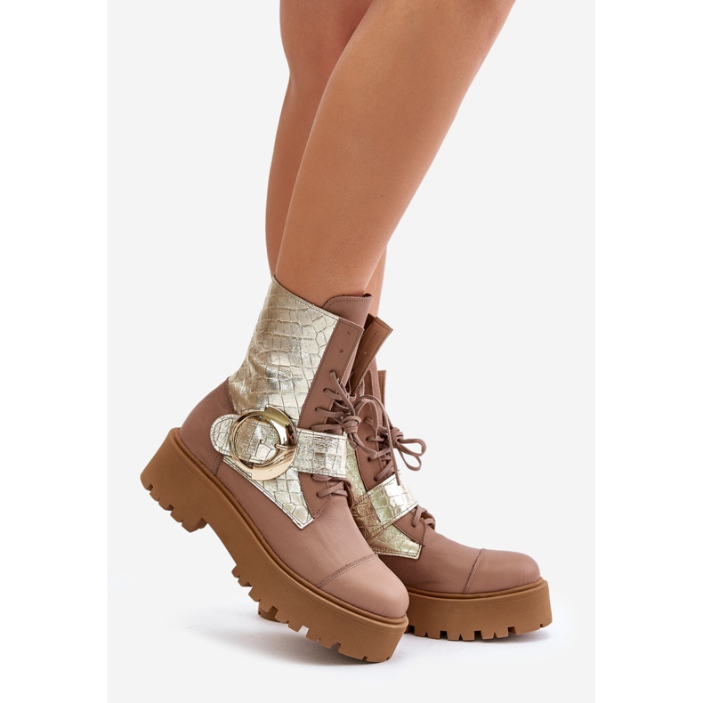 Zazoo 2942 Leder-Arbeiterstiefeletten mit goldener Schnalle, Beige 1