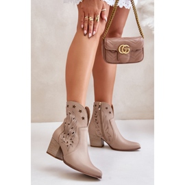 Durchbrochene Leder-Cowboystiefel mit hohem Absatz Lewski 3613 Beige 2