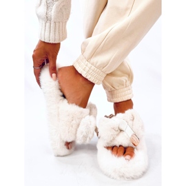 Pelzhausschuhe in Burano-Beige mit Schleife und Teddybär 2