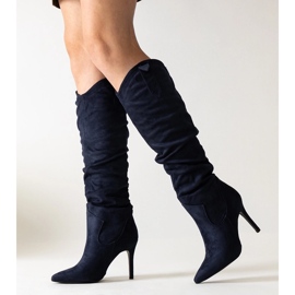 Marineblaue Stiletto-Stiefel von Aine mit Rüschen 1
