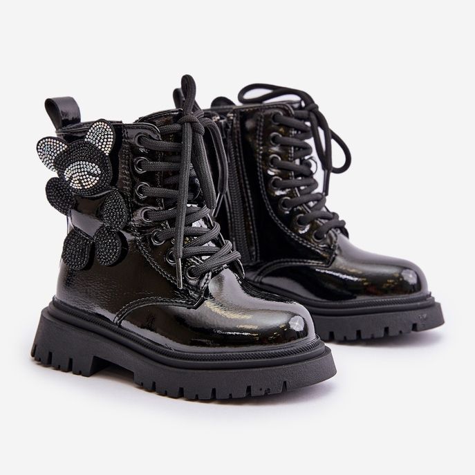 Isolierte Mädchenstiefeletten mit Teddybär und Reißverschluss, Lackschwarz Relobia 1