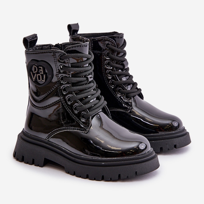 Mädchenstiefel aus Lackleder mit Fellfutter und Reißverschluss, Schwarz Evaliraea 1