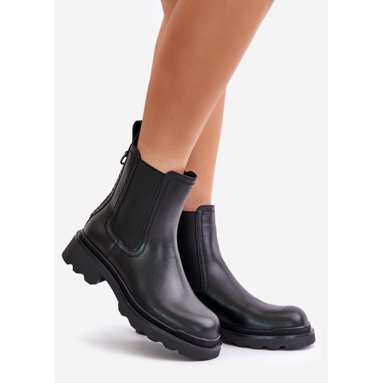 S.Barski Chelsea-Stiefel aus Leder mit dekorativer Kette, warm D&amp;A JC42-86 Schwarz 1