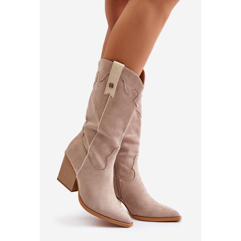 Isolierte Cowboystiefel mit hohem Absatz, Öko-Wildleder, beige Hanivin 1