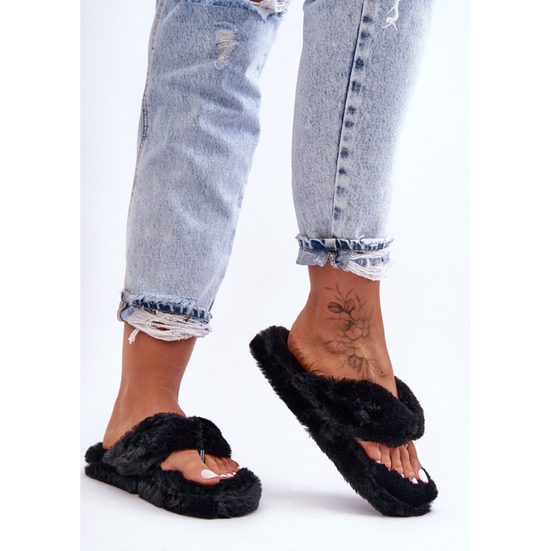Damen-Pelz-Flip-Flops Schwarz 1