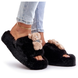 Damen-Pelzhausschuhe mit Teddybär, Schwarz Rumänien 8