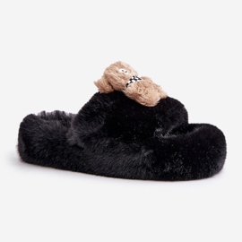 Damen-Pelzhausschuhe mit Teddybär, Schwarz Rumänien 4