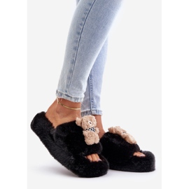 Damen-Pelzhausschuhe mit Teddybär, Schwarz Rumänien 1