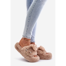 Beigefarbene Innalise-Fellhausschuhe für Damen mit Teddybär und dekorativen Elementen 1