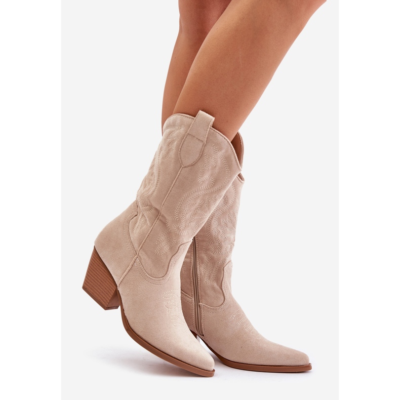 Damen-Cowboystiefel mit hohem Absatz aus hellbeigem Öko-Wildleder von Wendlis 1