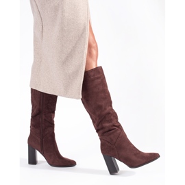 Overknee-Damenstiefel mit hohem Absatz aus braunem Wildleder 2