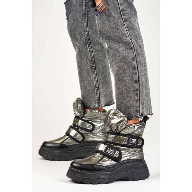 Damen-Schneestiefel, metallische, silberne Klettstiefeletten 22-PY16062SI schwarz 2