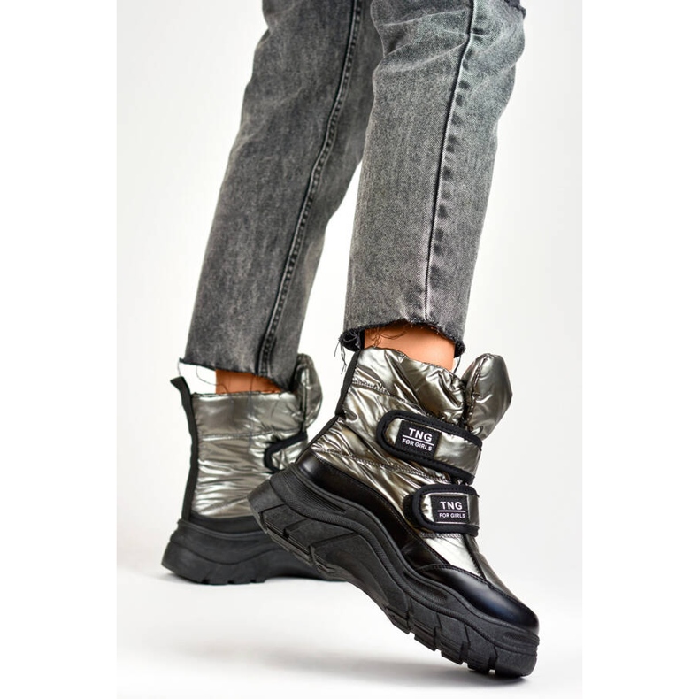 Damen-Schneestiefel, metallische, silberne Klettstiefeletten 22-PY16062SI schwarz 1