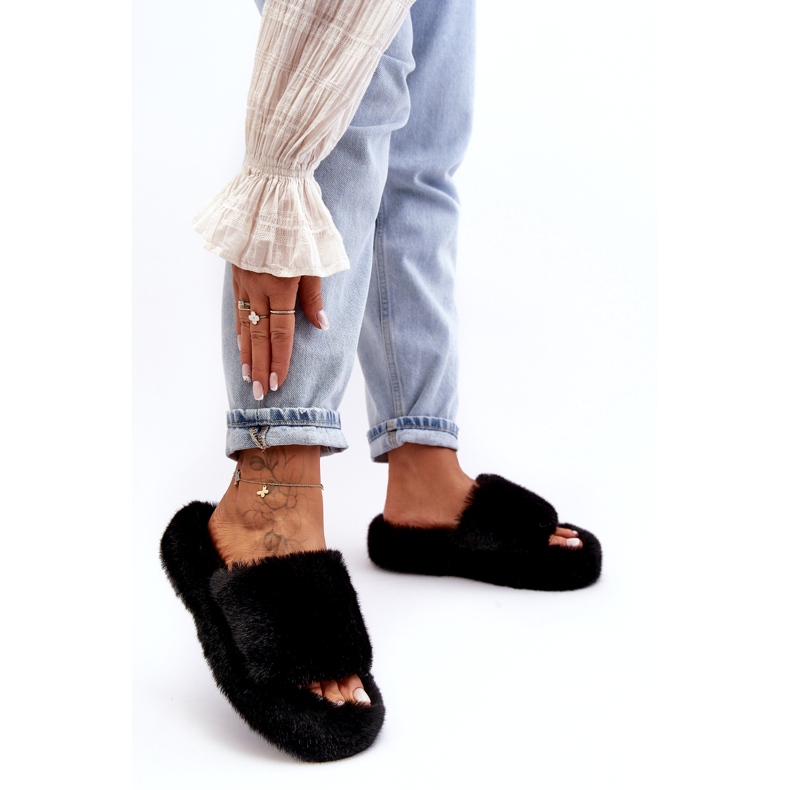 Pelz Frauenfell -Hausschuhe schwarz 2