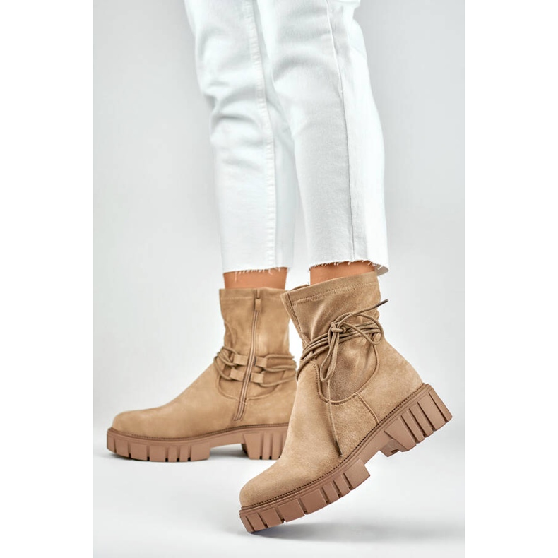 Damen-Stiefeletten mit elastischem Schnür-Obermaterial, beige DE1127NU 2