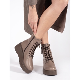 Goodin Dunkelbeige Damen-Schnürstiefel mit Keilabsatz und dekorativen Reißverschlüssen 2