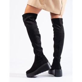Schwarze Overknee-Stiefel aus Wildleder auf der Shelovet-Plattform 1