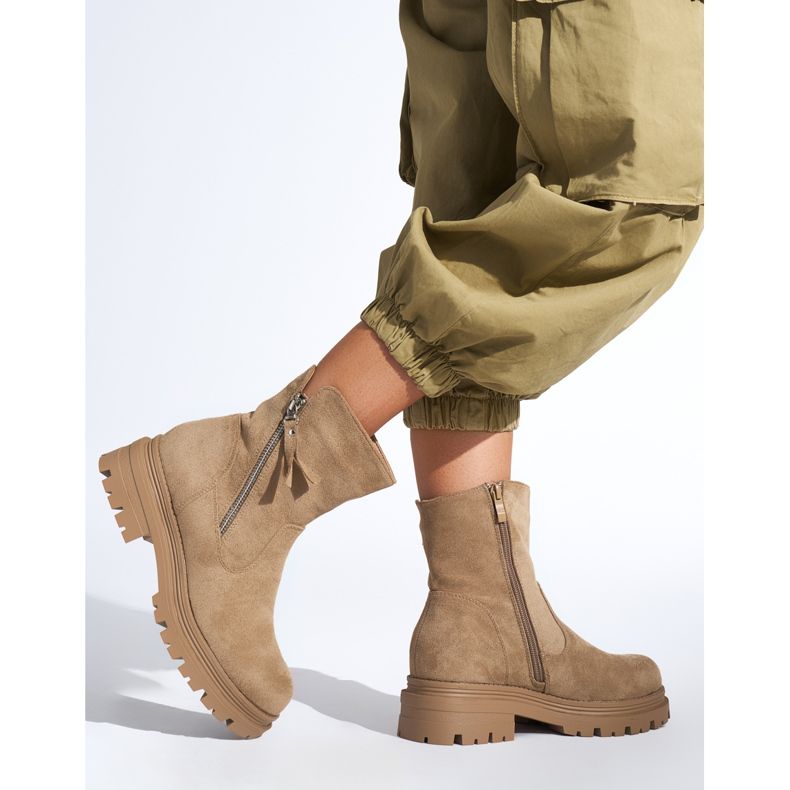 Dunkelbeige Damenstiefelette mit dekorativem Reißverschluss 2