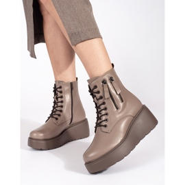 Goodin Dunkelbeige Damen-Schnürstiefel mit Keilabsatz und dekorativen Reißverschlüssen 1