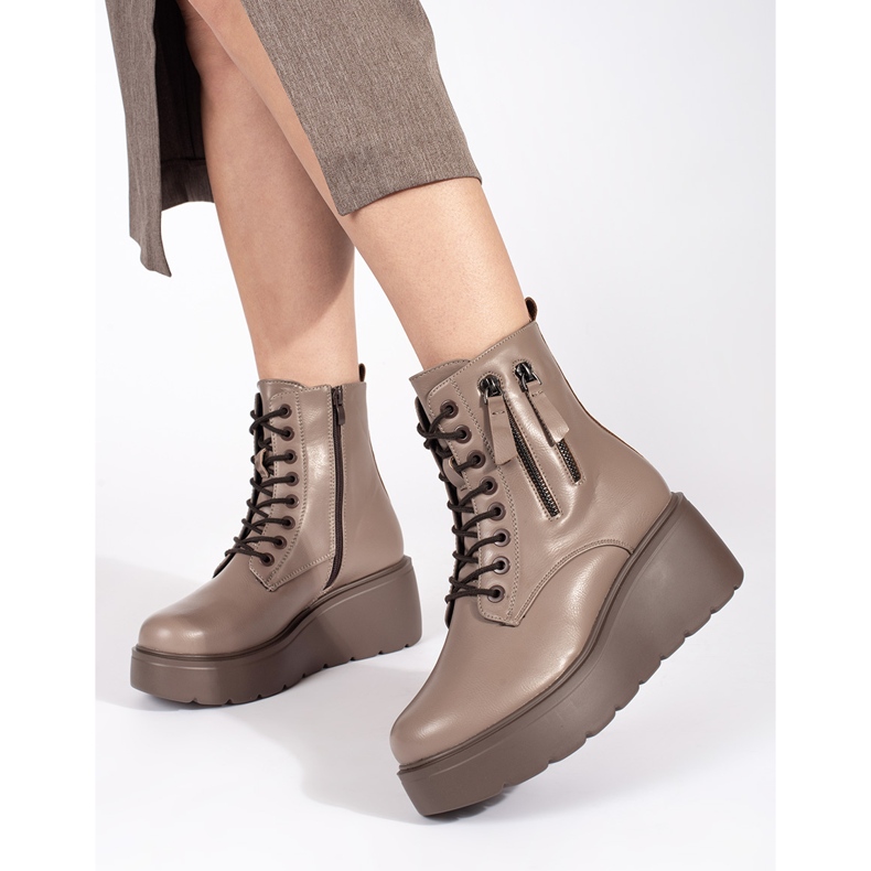 Goodin Dunkelbeige Damen-Schnürstiefel mit Keilabsatz und dekorativen Reißverschlüssen 1