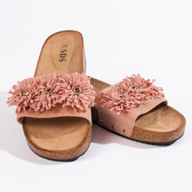 Damen-Hausschuhe aus Wildleder mit rosa Blumen 2