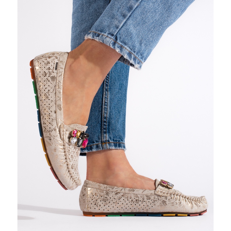 Goodin Goldene durchbrochene Damenmokassins mit Kristallen 1