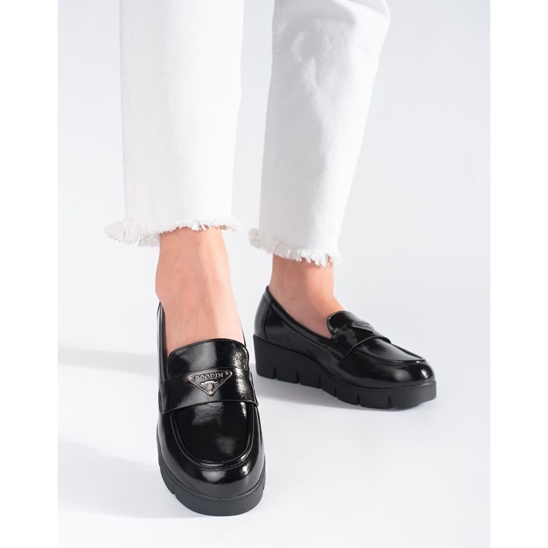 Goodin Schwarze Damen-Loafer aus Lackleder mit dicker Sohle 2