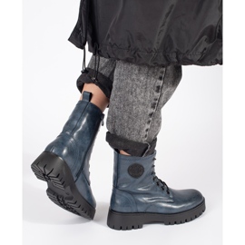 Marineblaue Damen-Schnürstiefeletten aus Leder auf der Sergio Leone-Plattform 2