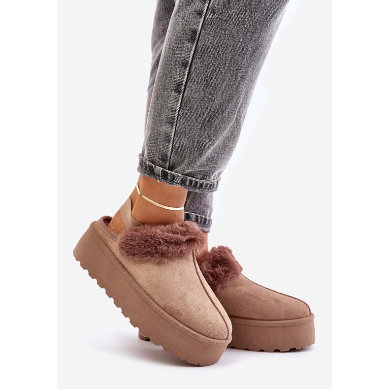 Damen-Plateauhausschuhe mit Fell, Dunkelbeige Linaris 1