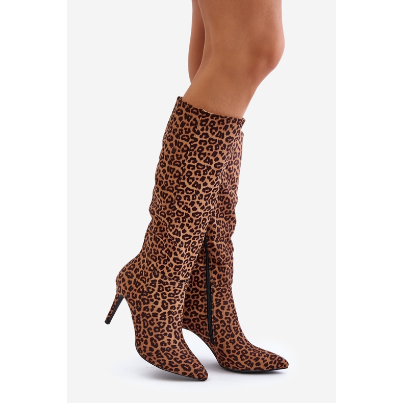 Braune Reanwenna-Stiefel mit hohem Absatz und Leopardenmuster 1