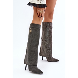 Schwarze, mit Enathlin verzierte Slip-On-Stiefel mit hohem Absatz und umgeschlagenem Schaft 2