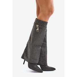 Schwarze, mit Enathlin verzierte Slip-On-Stiefel mit hohem Absatz und umgeschlagenem Schaft 1