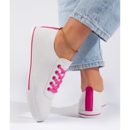 Weiße Damen-Sneaker mit rosa Schnürsenkeln 1