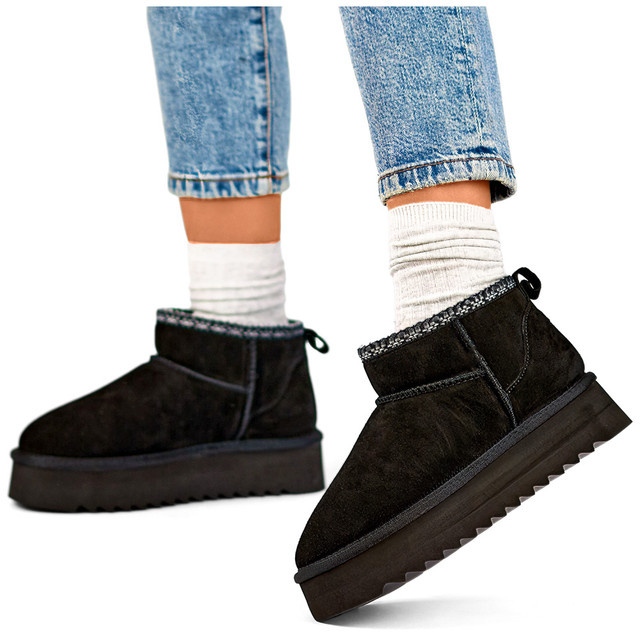 Schwarze Leder-Schneestiefel, isolierte Winterstiefel für Damen 2