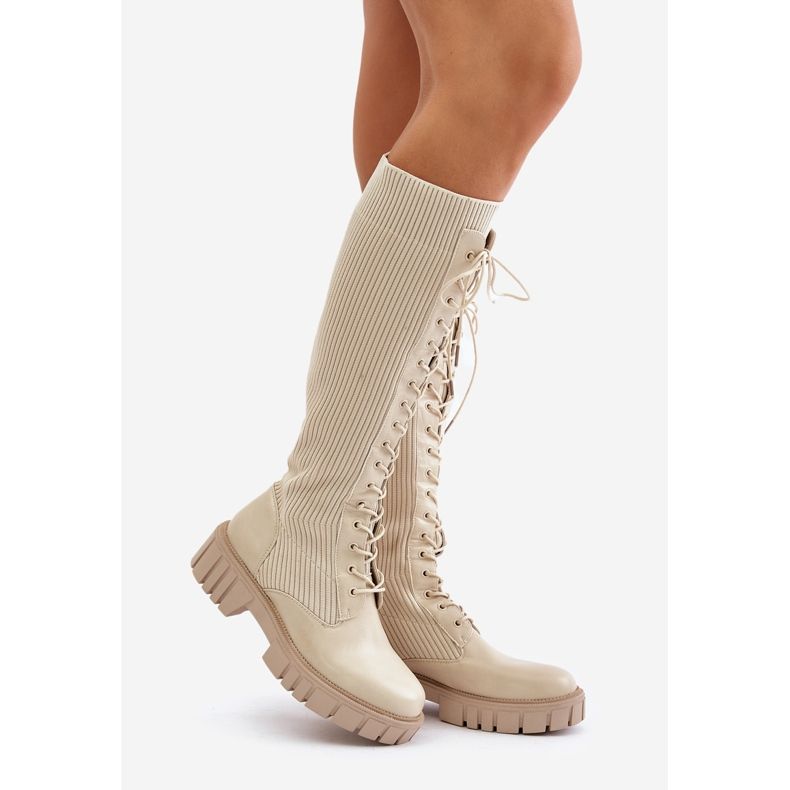 Damen-Sockenstiefel mit Schnürung und flachem Absatz, Beige Vamisha 1